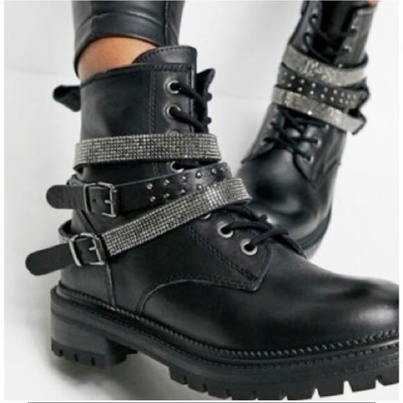Steve Madden Shoes - Steve Madden Captain Biker Combat Boots with Leather Straps/ Bling Size 5.5